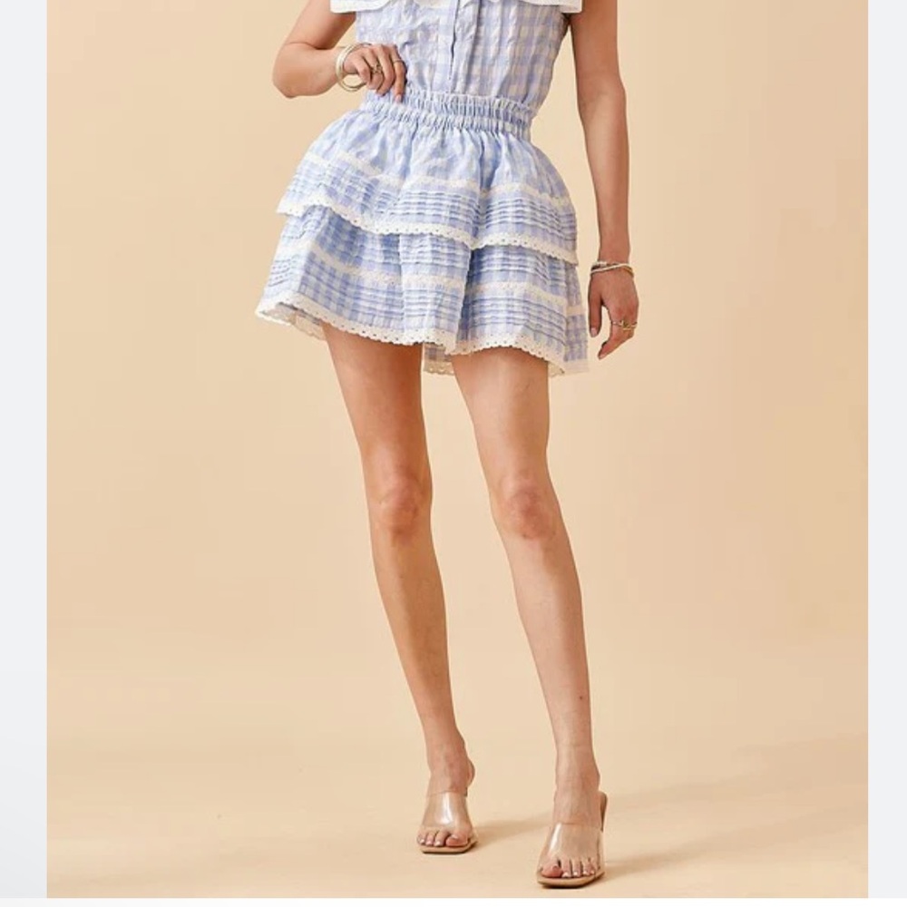 Day+Moon blue & white gingham checkered lace ruffles tiered mini skirt Size M - Picture 4 of 17